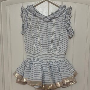 White and Blue Striped Skort Playsuit with Ruffled Neckline